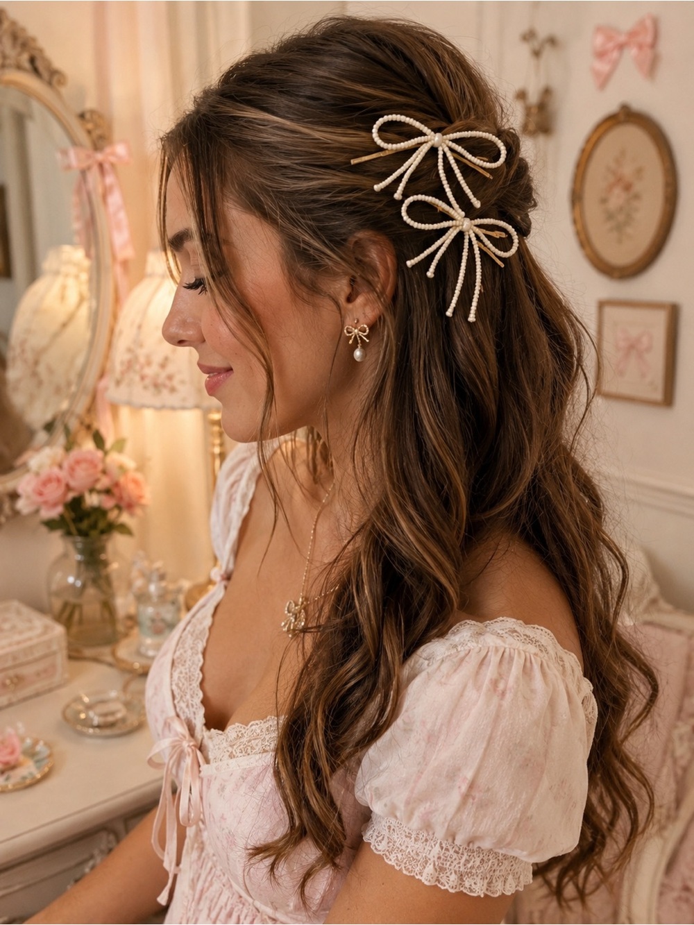 NWT Free People Cream Beaded Bow Gold Hair Clips Set Boho Coquette - Picture 1 of 5